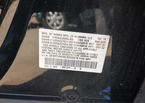 2012 Honda Pilot Ex-L z USA, uszkodzony, nr VIN 5FNYF4H56CB050979